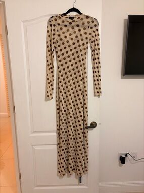 Beige Polka Dot Long-Sleeve Maxi Dress